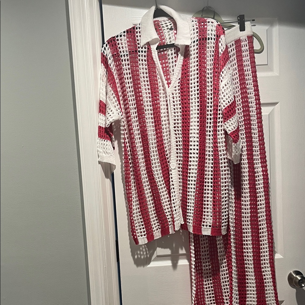 Stylish Crochet Pink & White Striped Set